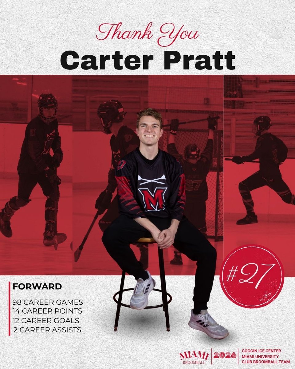 Our sixth Senior Spotlight goes to CARTER PRATT! Thank you Carter for your commitment to Miami Club Broomball!

#loveandhonor #broomball #miamioh #redhawks #seniorspotlight