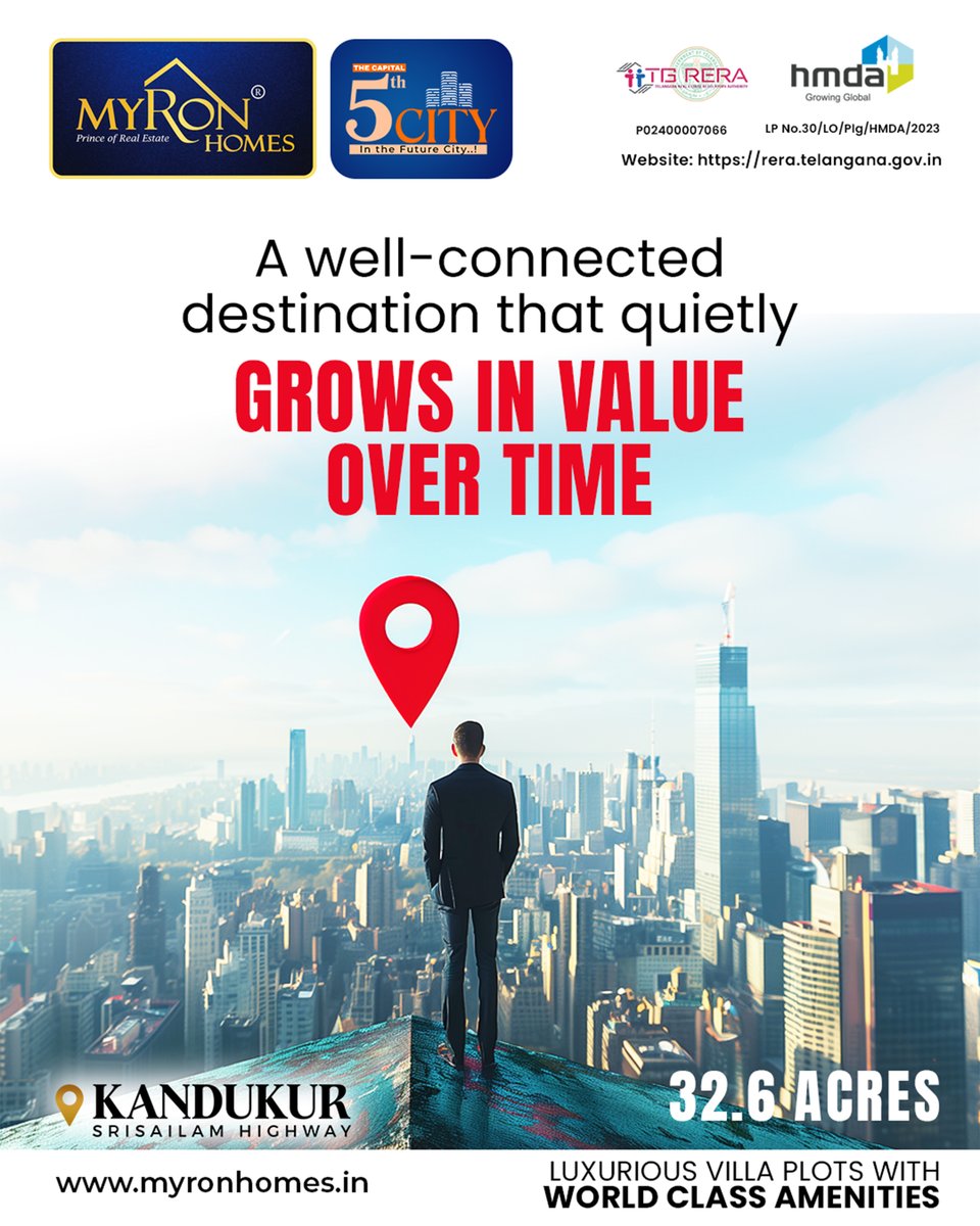 MyronhomesOffl's tweet image. Accelerate your success with a game-changing investment at The Capital 5th City 🚀
Discover premium villa plots in Kandukur, strategically located on the rapidly growing Srisailam Highway—where future value meets smart living.
#TheCapital5thCity #MyronHomes #VillaPlots