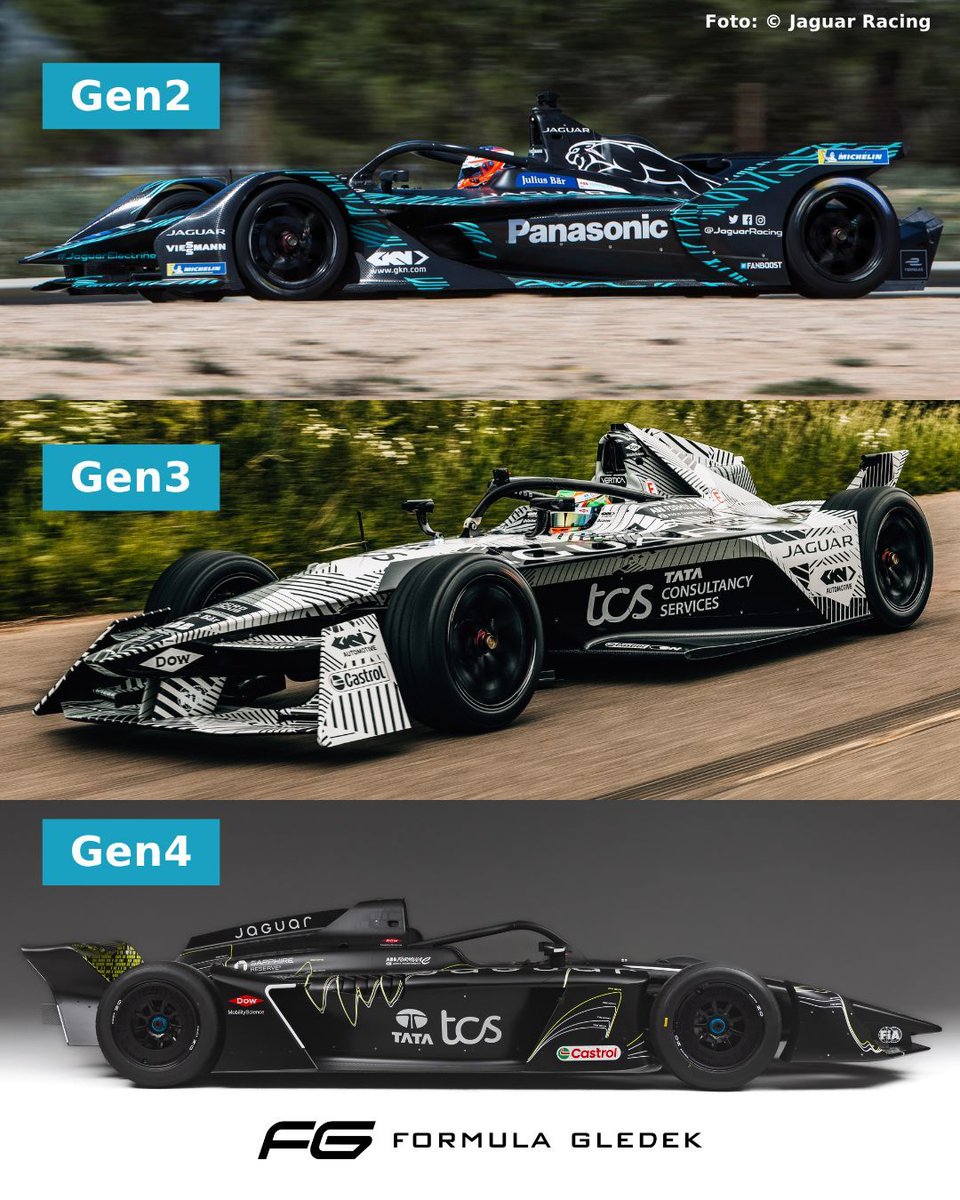FormulaGledek's tweet image. Concept/testing livery Jaguar dari masa ke masa.

Kalian suka garis biru Gen2, camo di Gen3, atau hitam dengan garis putih-kuning di Gen4? 🤔

#FormulaE #ABBFormulaE @JaguarRacing