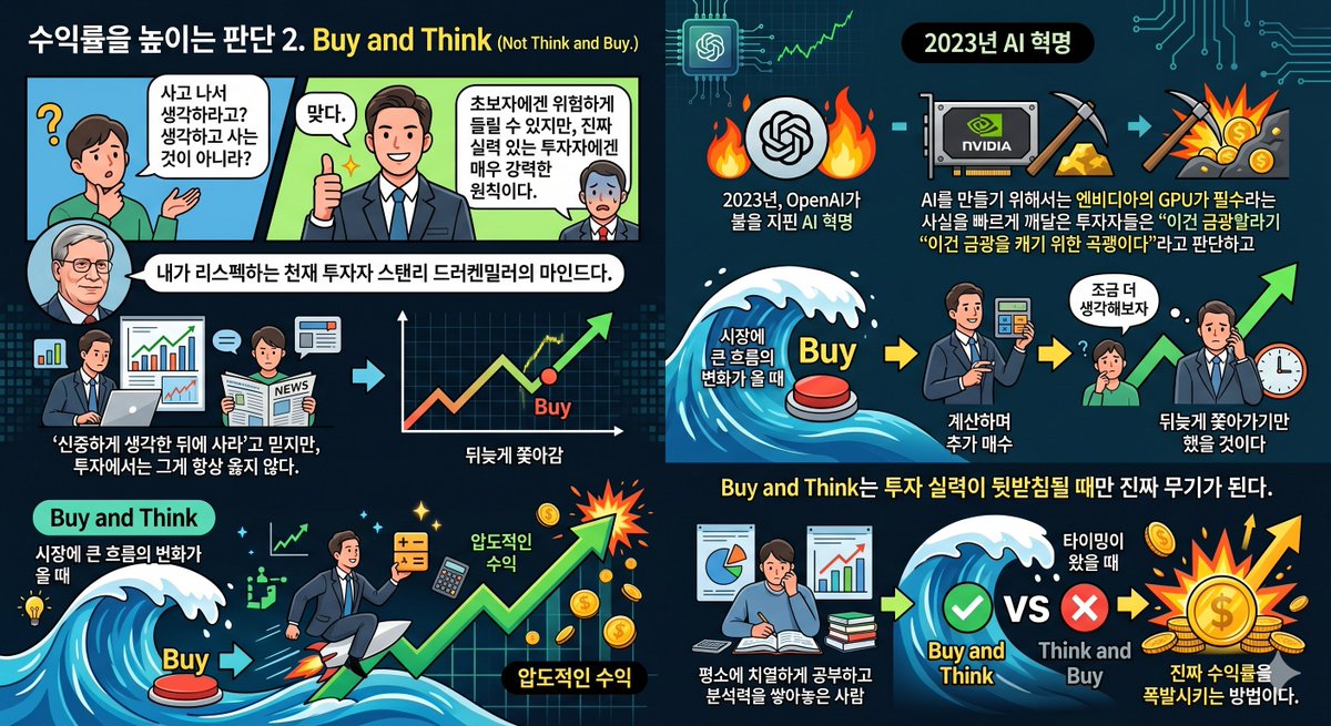 eyeofjaguar's tweet photo. 투자 수익률을 높이는 판단 2. Buy and Think
(Not Think and Buy.)

사고 나서 생각하라고?
생각하고 사는 것이 아니라?
맞다.

초보자에겐 위험하게 들릴 수 있지만, 진짜 실력 있는 투자자에겐 매우 강력한 원칙이다.
내가 리스펙하는 천재 투자자 스탠리 드러켄밀러의 마인드다.
많은 사람들이 “신중하게 생각한 뒤에 사라”고 믿지만, 투자에서는 그게 항상 옳지 않다. 시장에 큰 흐름의 변화가 올 때, 그 변화를 가장 빠르게 읽은 사람이 압도적인 수익을 가져간다.

2023년, OpenAI가 불을 지핀 AI 혁명이 바로 그랬다.
AI를 만들기 위해서는 엔비디아의 GPU가 필수라는 사실을 빠르게 깨달은 투자자들은 “이건 금광을 캐기 위한 곡괭이다”라고 판단하고, 신중하게 고민하기보다 먼저 사고 나서 얼마나 더 갈 수 있을지 계산하며 추가 매수했다.
만약 그때 “조금 더 생각해보자” 하며 머뭇거렸다면, 이미 치솟는 엔비디아 주가를 뒤늦게 쫓아가기만 했을 것이다.

Buy and Think는 투자 실력이 뒷받침될 때만 진짜 무기가 된다. 평소에 치열하게 공부하고 분석력을 쌓아놓은 사람이라면,
타이밍이 왔을 때 Think and Buy가 아니라 Buy and Think 하라. 그것이 큰 흐름을 탈 때 진짜 수익률을 폭발시키는 방법이다.

도움이 되셨다면 좋아요, 리포스트 잊지마세요!😇😇😇

#드러켄밀러 #drukenmiller #Buyandthink #투자수익률 #수익률 #천재투자자