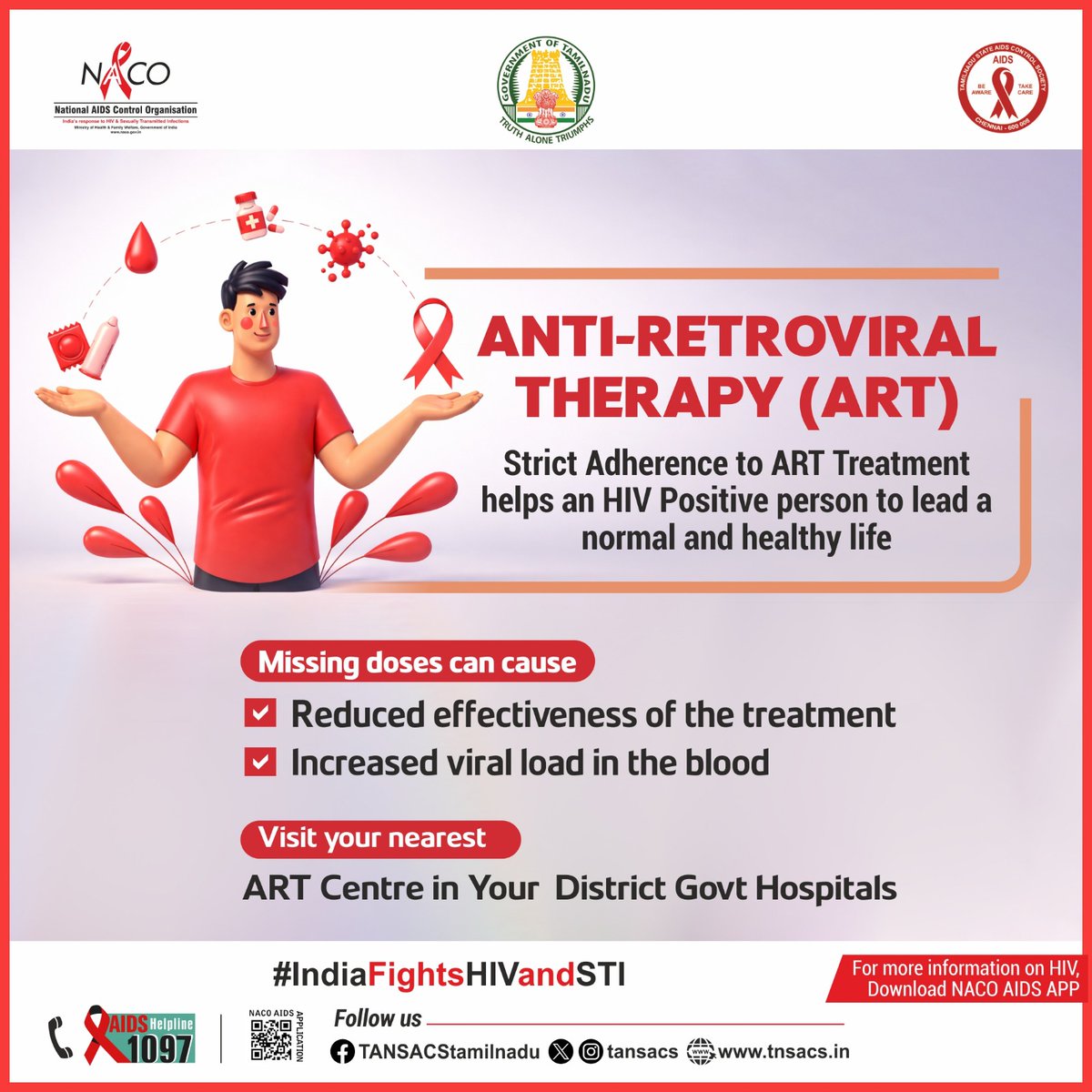tansacs's tweet image. 💪 Starting Antiretroviral Therapy (ART) 💊 drastically improves health &amp;amp; quality of life 🧘 while reducing transmission risks 🚫. Get treated today 🩺!
#IndiaFightsHIVandSTI #HIVAIDSAwareness #AntiretroviralTherapy #ART  #NACO #BeTheChange #TANSACS #TamilNadu