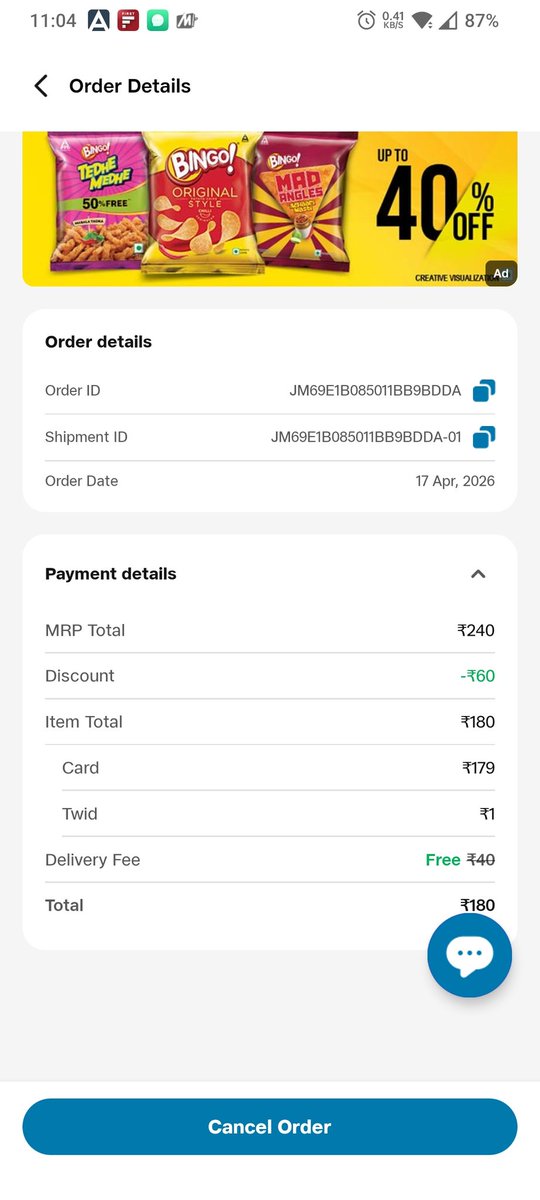 LVns41's tweet photo. @JioMart_Support 
I ordered a soft drink from your site.
It says it will be a quick delivery but it is taking more time than expected.
I contacted your customer care number and they are saying it will be delivered by the end of the day.
I need now, not later.
Poor service. https://t.co/tHxePoWqN5