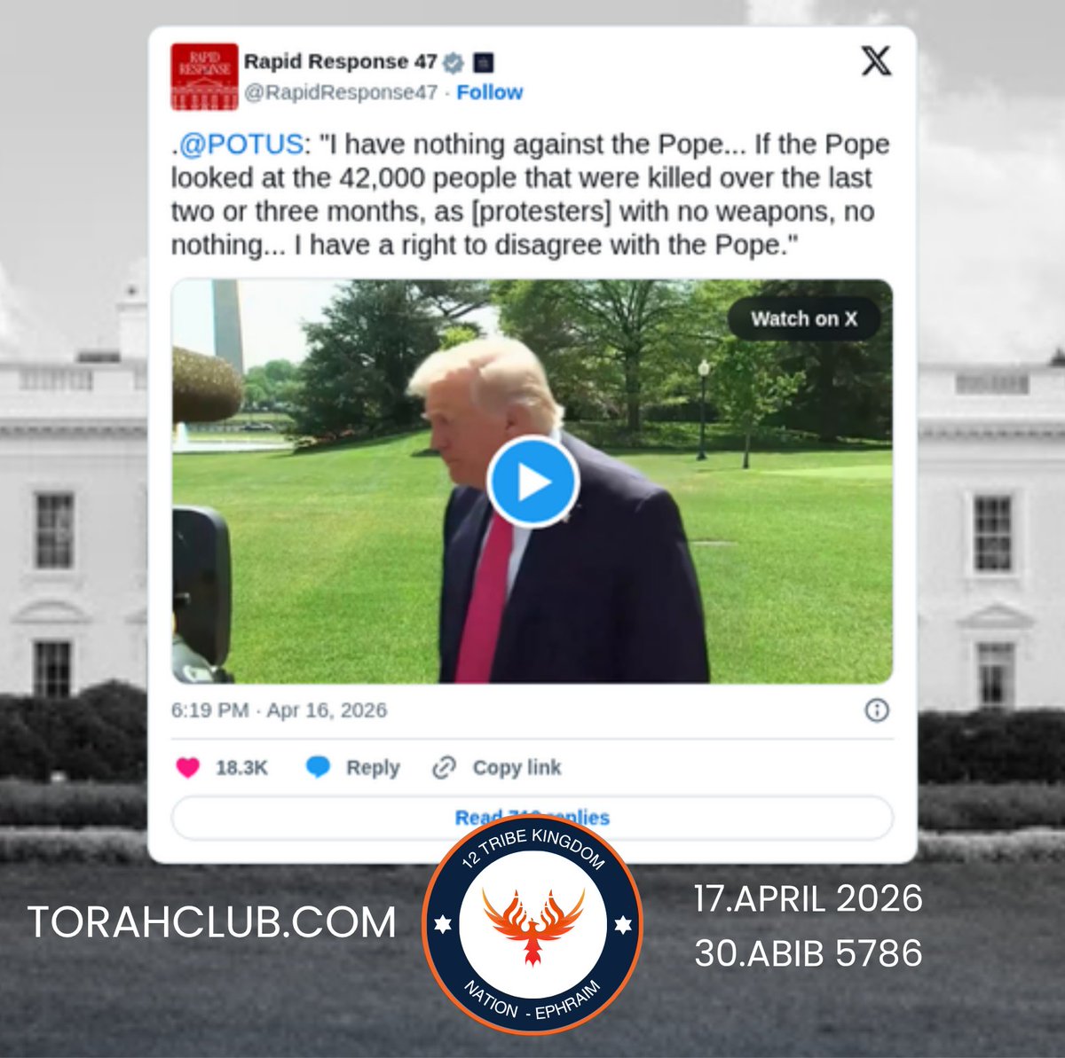 🔔'<a href="/POTUS/">President Donald J. Trump</a> : "I have nothing against the Pope... If the Pope looked at the 42,000 people that were killed over the last two or three months, as protesters with no weapons, no nothing... I have a right to disagree with the Pope."' - <a href="/RapidResponse47/">Rapid Response 47</a> 
t.me/nationephraim/…