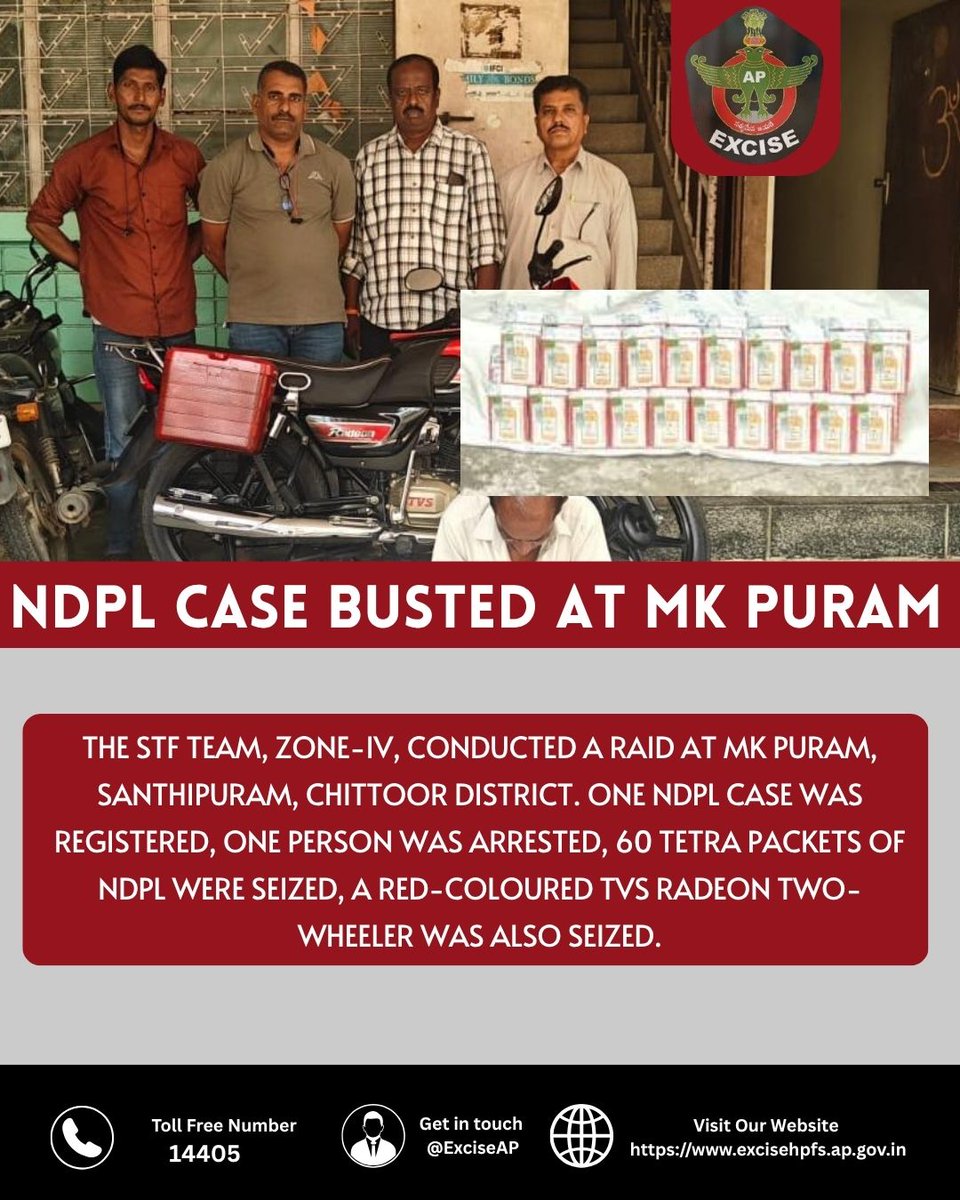 exciseAP's tweet image. 🚨 60 Tetra Packets Seized 

STF Team, Zone-IV, raided MK Puram Cross, Santhipuram, registering one NDPL case, arresting one person, and seizing 60 tetra packets of NDPL along with a red TVS Radeon two-wheeler.

#STF #ExciseEnforcement #NDPL #Chittoor #Law