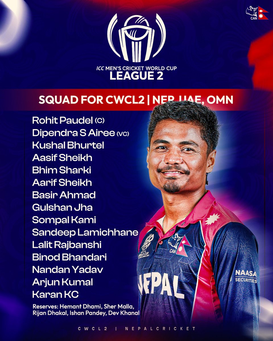 CricketNep's tweet image. 🇳🇵Squad Announcement 📣

Nepal’s squad locked in for Under Lights T20I Series &amp;amp; CWCL2 🔒

#NepalCricket