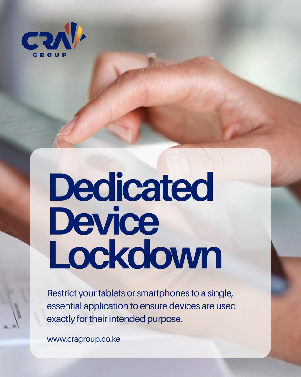 comp_rev's tweet image. A tablet is a powerful business tool—until someone exits the app. 🛠️

With Mobile Device Management (MDM), use Kiosk Mode to: 📍 Lock devices to one app (POS/Menu) 📍 Limit staff to work tools 📍 Block unauthorized settings
Keep your tech on task.
📧 info@cragroup.co.ke
#MDM