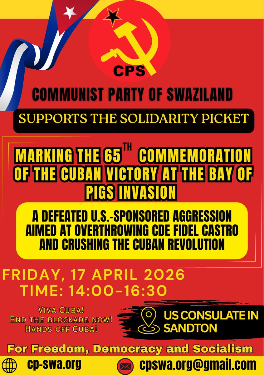 CPSwaziland's tweet photo. This event serves both as a remembrance of anti-imperialist struggle and a political statement linking Cuba’s resistance to ongoing global struggles against domination and economic blockades. 

#DemocractNow #RevolutionaryAction  #DownWith40yearsOfRoyalSlavery https://t.co/vysAZNkWft