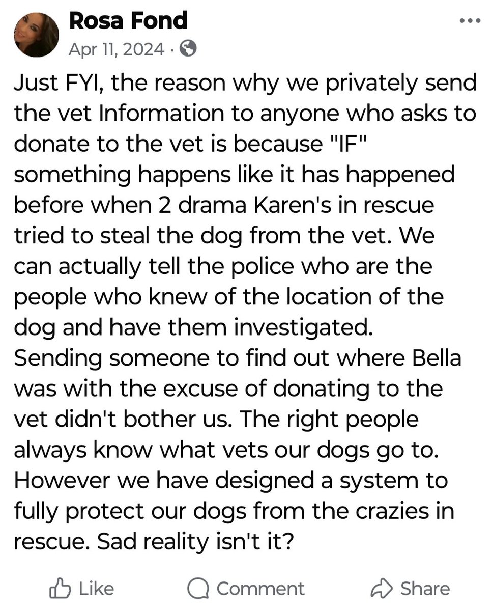 No self respecting reputable dog rescue would make up this kind of hogwash!

Every response to donors or public questions are met with these nonsensical answers.

#rosafond has an answer for everything. It's always untrue and the workings of a fraudulent scammer but nonetheless.
