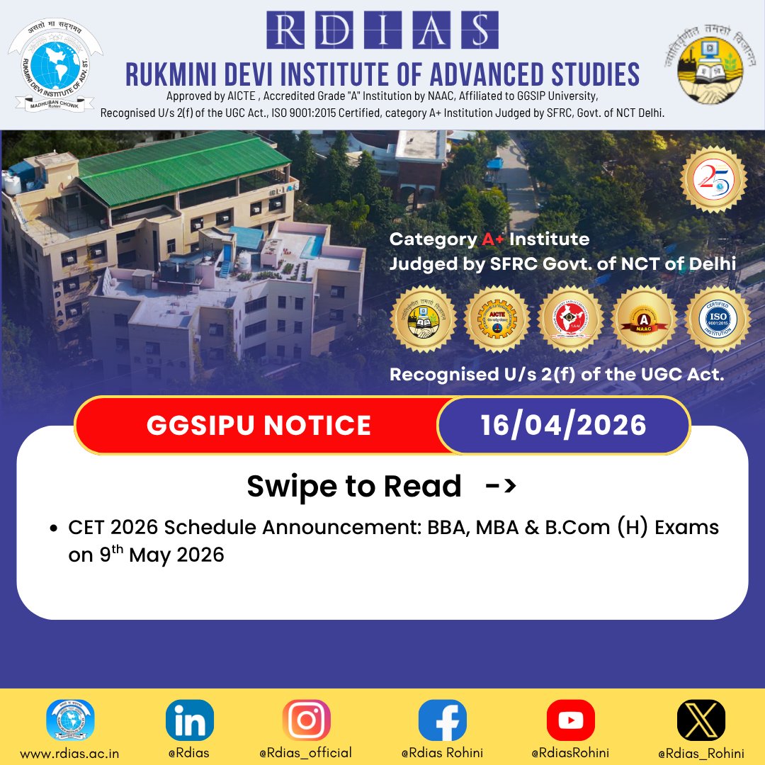 RDIAS_ROHINI's tweet image. 𝗔𝗗𝗠𝗜𝗦𝗦𝗜𝗢𝗡𝗦 𝗢𝗣𝗘𝗡 𝟮𝟬𝟮𝟲-𝟮𝟬𝟮𝟳
𝗠𝗕𝗔 | 𝗕𝗕𝗔 | 𝗕.𝗖𝗢𝗠 (𝗛)
𝗚𝗚𝗦𝗜𝗣𝗨 𝗡𝗼𝘁𝗶𝗰𝗲 𝗗𝗮𝘁𝗲: 𝗠𝗮𝗿𝗰𝗵 𝟯𝟬, 𝟮𝟬𝟮𝟲

➡️ 𝗖𝗘𝗧 𝟮𝟬𝟮𝟲 𝗦𝗰𝗵𝗲𝗱𝘂𝗹𝗲 𝗔𝗻𝗻𝗼𝘂𝗻𝗰𝗲𝗺𝗲𝗻𝘁

#UniversityAdmissions2026 #AdmissionsOpen