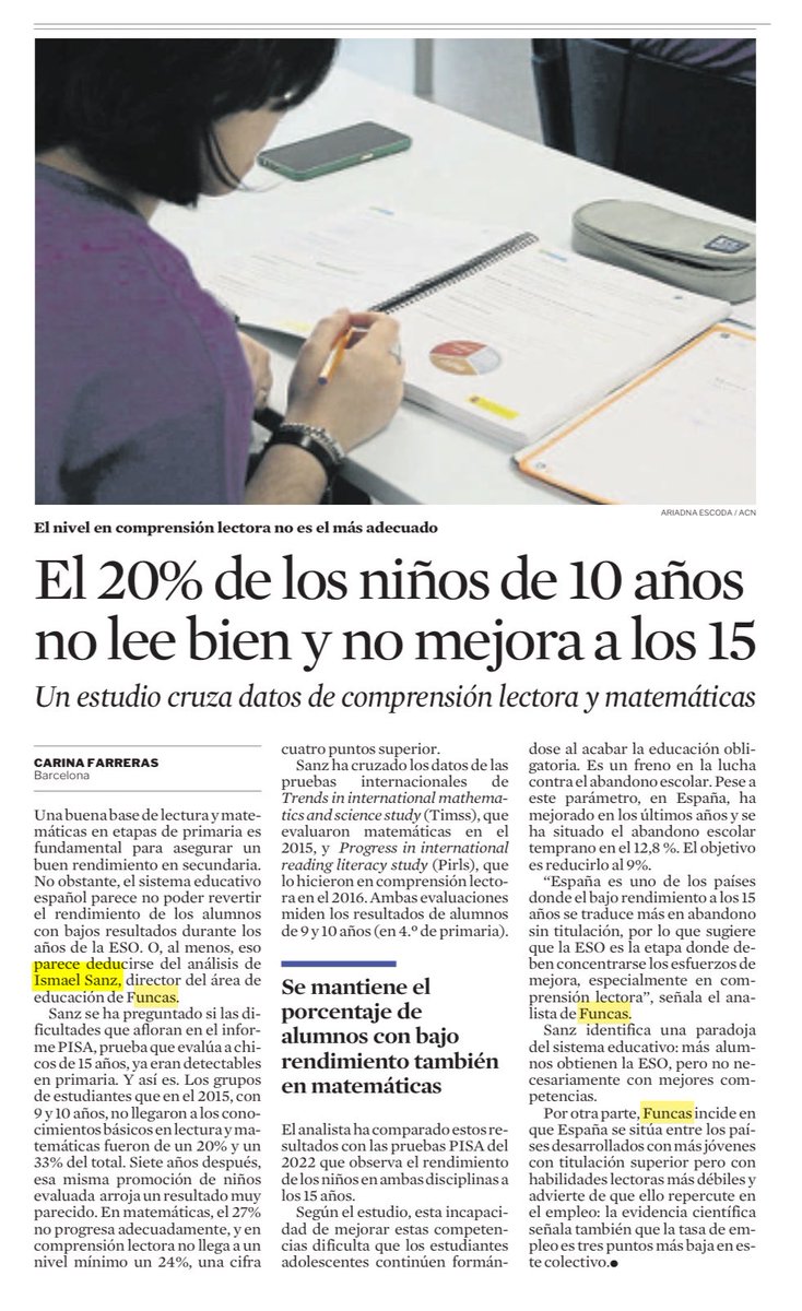 sanz_ismael's tweet image. 📚 El 20% de los niños de 10 años no alcanza un buen nivel de lectura y la situación apenas mejora a los 15. Un estudio alerta de que las dificultades tempranas se arrastran y afectan también al rendimiento en matemáticas. #Educación lavanguardia.com/vida/20260416/…