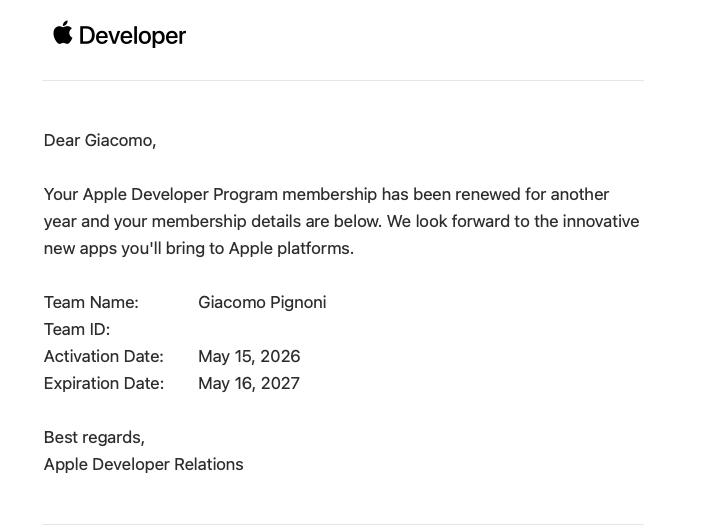 Pigna__'s tweet photo. First time, in 3 years, I paid Apple Developer Program with money from my apps.

They also gave me 1 month for free. https://t.co/kizzPpRPMP