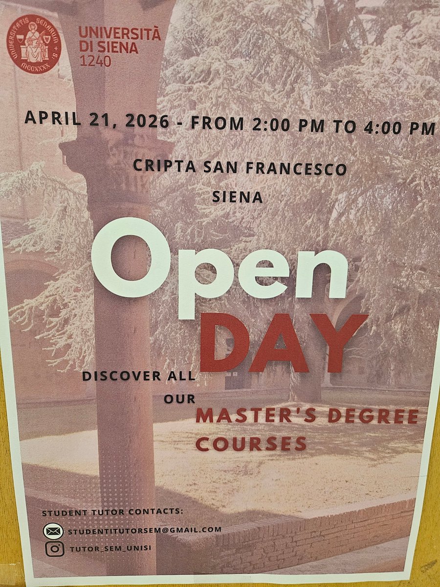 DepsUSiena's tweet photo. 📢Open Day Lauree Magistrali Scuola Economia e Management 2026

🗓️⏲️21 aprile 2026, 14-16h

Aula Cripta, Polo Didattico San Francesco (Piazza san Francesco, 7 - Siena)

Information; 👇
https://t.co/4sOCSV1dqp https://t.co/q0HSub5IFi