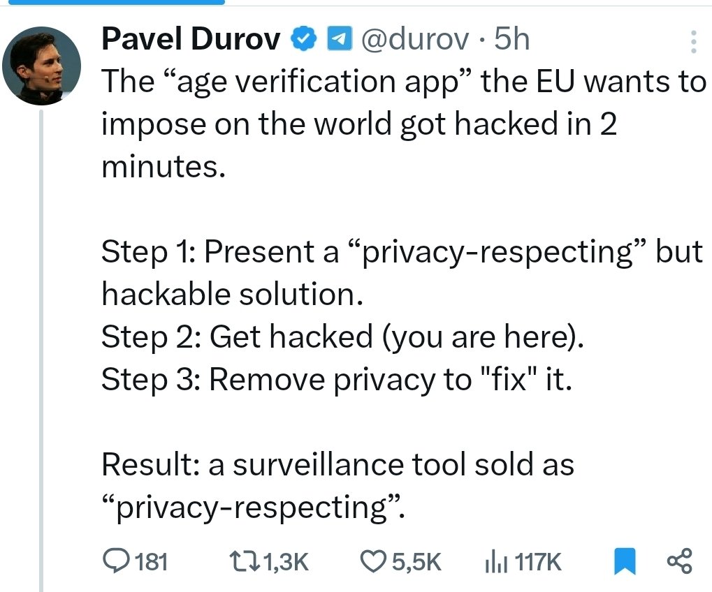 ivan_8848's tweet photo. Telegram owner Durov says EU's new age verification app A SURVEILLANCE TOOL https://t.co/KP8SiRWh3D