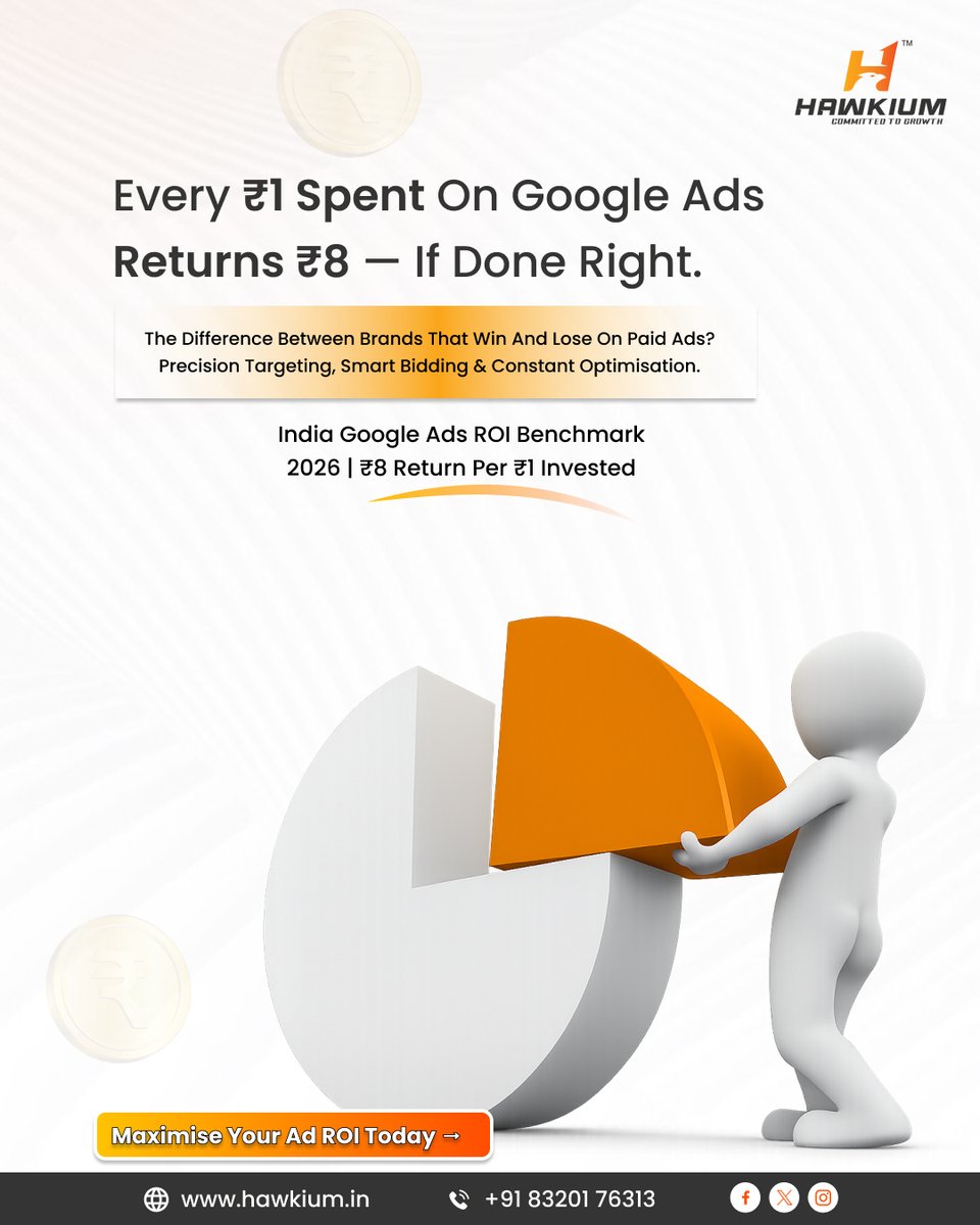 Hawkiumdm's tweet photo. 📊 Get ₹8 return for every ₹1 spent on Google Ads! With the right targeting and bidding strategies, you can maximize your ad spend ROI! 🚀

🔗 Visit Now - https://t.co/EtFfIZmdRH

#GoogleAds #PaidAds #AdOptimization #DigitalMarketing #ROI https://t.co/YzTme1chYB