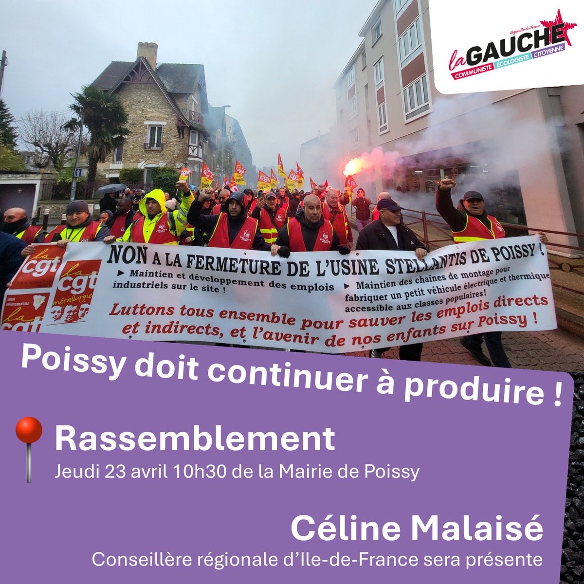 GaucheComIDF's tweet image. 🚗 FIN DE LA PRODUCTION AUTOMOBILE EN ÎLE-DE-FRANCE

Stellantis a confirmé la fin de la production sur le site emblématique de Poissy !

🚩 En soutien aux salariés et contre cette décision, la CGT appelle à un rassemblement 

📍 Mairie de Poissy
🗓️ 23 avril 10h30

#solidarité