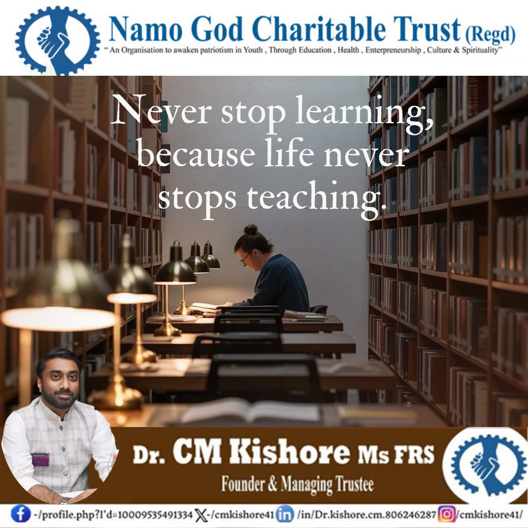 cmkishore41's tweet image. “Never stop learning, because life never stops teaching.” 📚

Empowering youth through education and values  a mission led by Dr. CM Kishore.

#NeverStopLearning #Education #NamoGodTrust #Inspiration #YouthEmpowerment
@narendramodi  
@annamalai_k  
@ReddySudhakar21  
@DrLMurugan