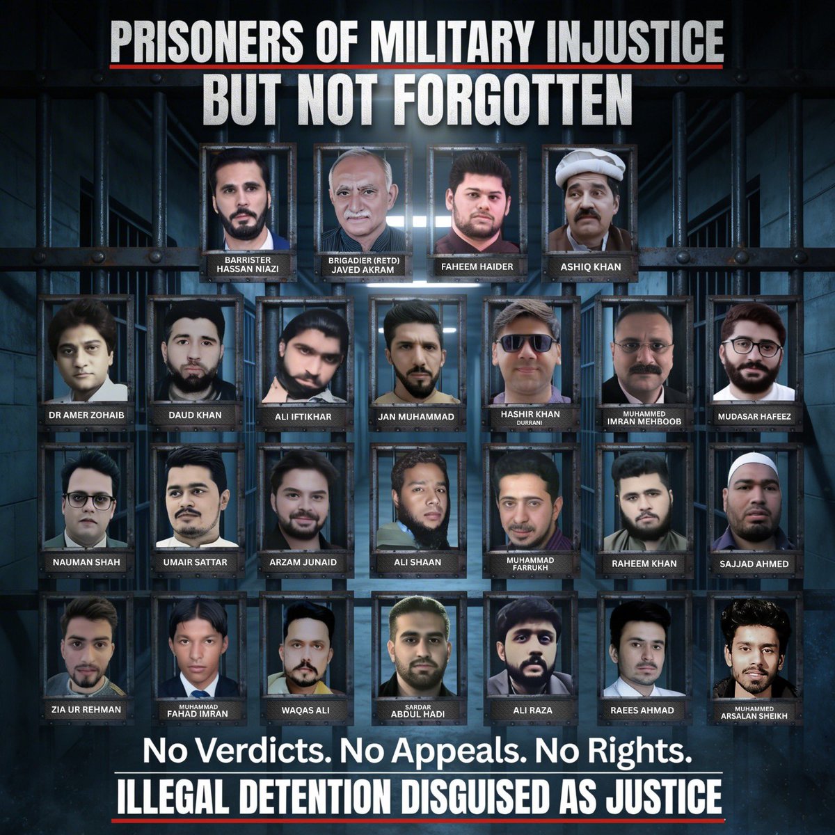 PTIofficial's tweet photo. The trial of civilians is the darkest chapter in our judicial history. 

Besides the injustice to these political prisoners that have suffered torture and prolonged illegal incarceration, Pakistan has become isolated from the civilized world.

#EndMilitaryTrials https://t.co/UwhhfRP4JI