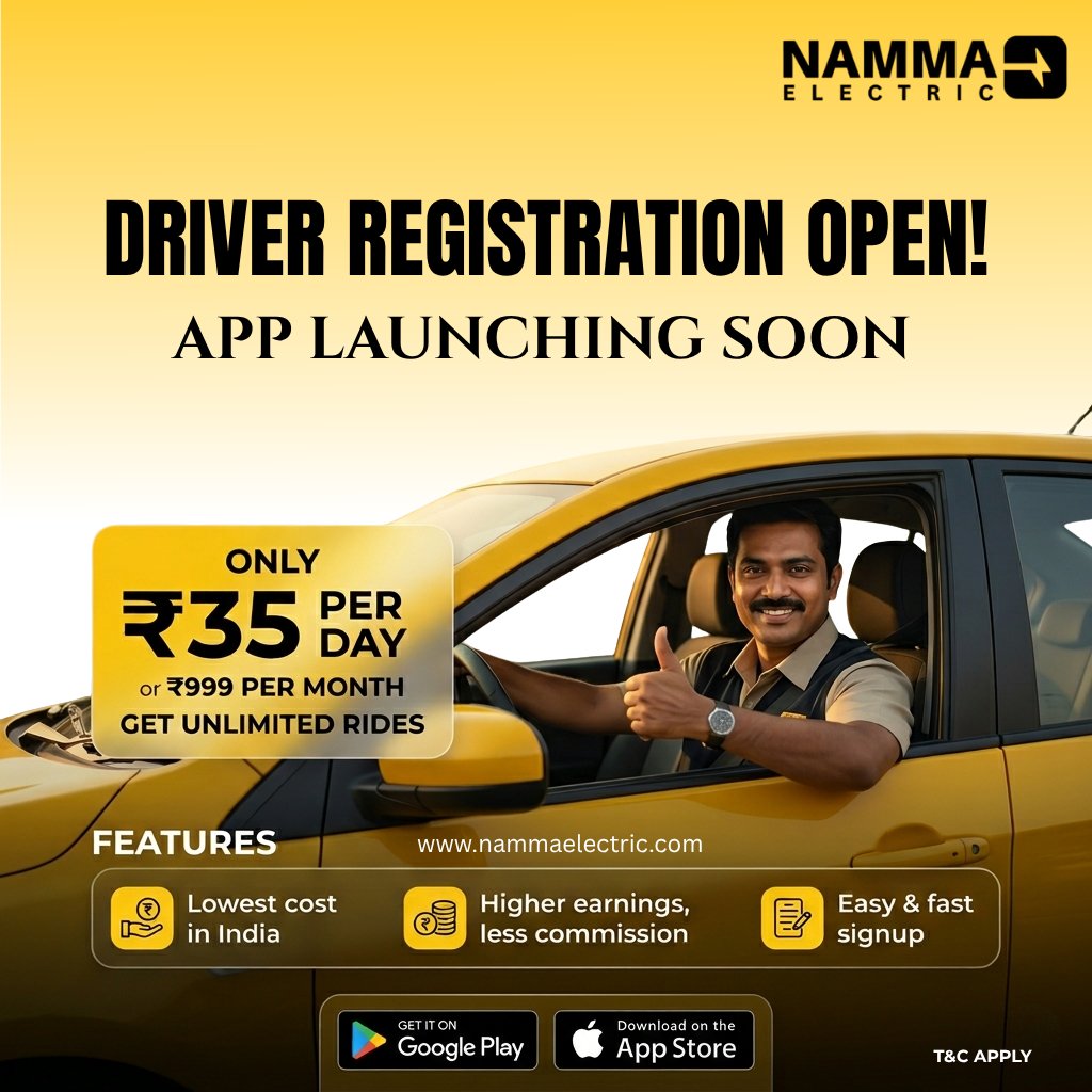NammaElectric's tweet image. Drivers across India 👀
Why pay high commissions when you can drive for just ₹35/day?
.
.#NammaElectric #IndiaDrivers #DriveAndEarn #ElectricTaxi #GigEconomy #EarnMore
