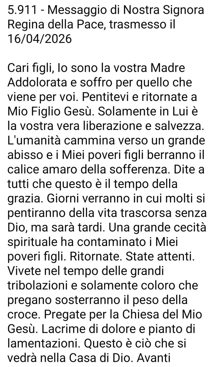 antonaccigabria's tweet photo. URGENTISSIMO MESSAGGIO DELLA MADONNA AL MONDO!!! (ASCOLTATELA) "ANGUERA" 16/04/2026 🙏🙏🙏 https://t.co/GHOOaDEiku