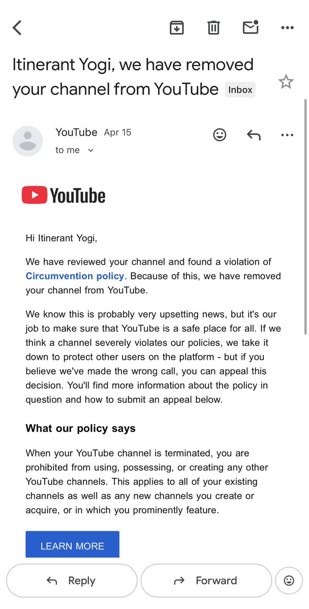 vipendra3010's tweet photo. Waiting for your response dear @TeamYouTube  
This is what I received on 15-April and my channel got terminated abruptly. 

I am new born creator working so hard to feed my original, self filmed self edited contents to YouTube and to help others to travel the world for free. 
HELP‼️‼️