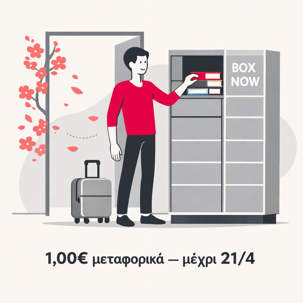 Μεταφορικά Box Now 1,00€ εντός Ελλάδας &amp; Κύπρου — μέχρι 21/4 📚

Μετά το Πάσχα, πριν το καλοκαίρι.

metabook.gr/books

#Βιβλία #metabook #BoxNow