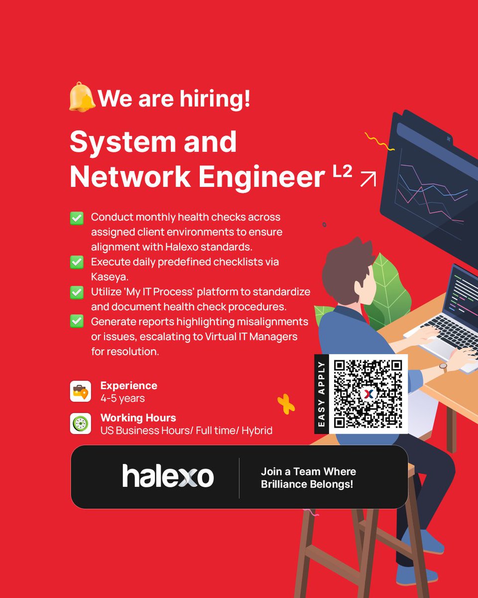 HalexoLtd's tweet image. 📢 We are hiring!

💼 System &amp;amp; Network Engineer - L2
📍 Colombo, Sri Lanka | 🕒 US Business Hours | Hybrid 

Interested? Scan the QR code or click the link in the first comment to apply or tag someone who would be a great fit!

#SystemEngineer #NetworkEngineer #HalexoHiring