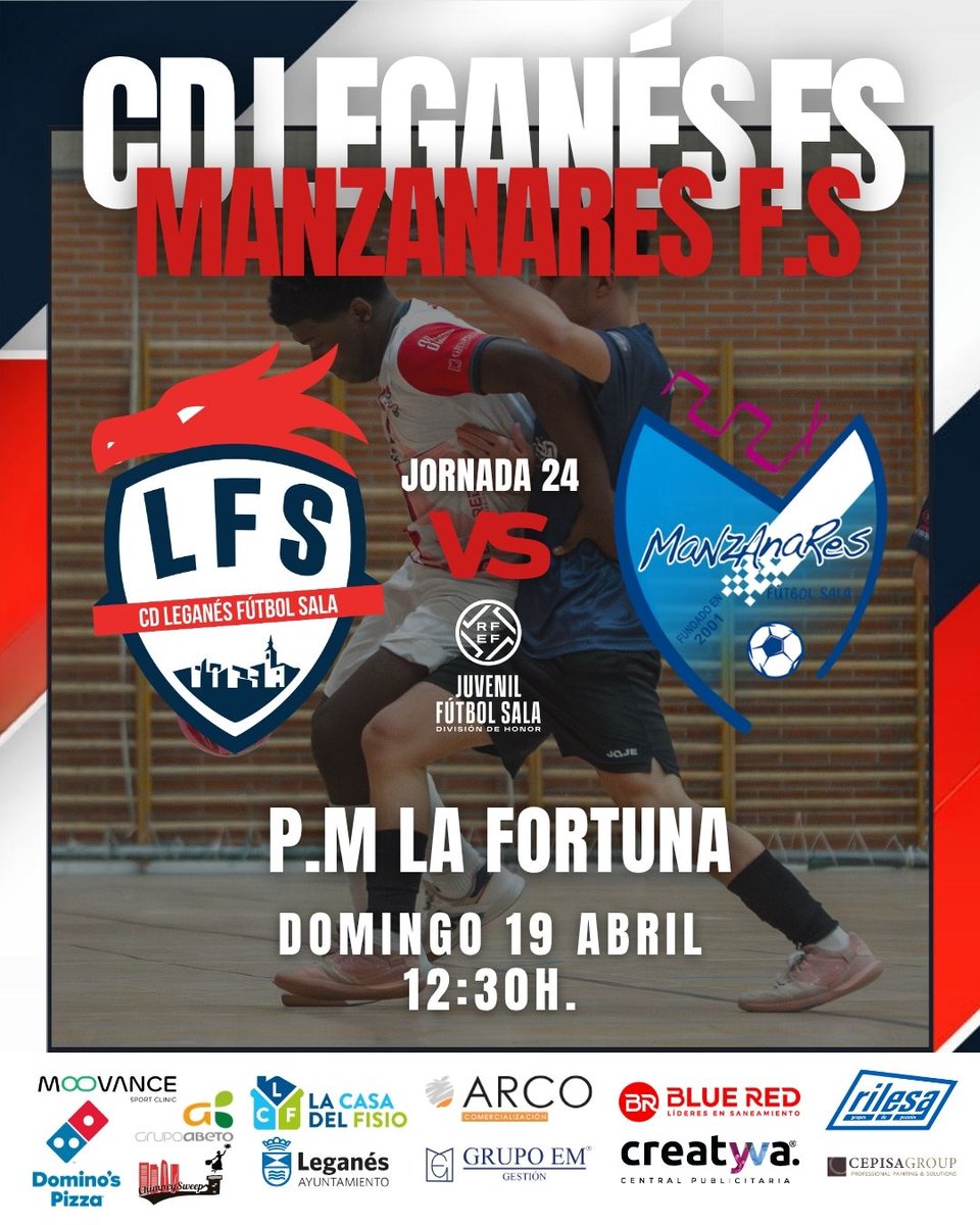 🗓️ HORARIO | Juvenil DH

⚽️ #LeganésManzanares
🏟️ P.M La Fortuna
📆 Jornada 24
⏰ 12:30h

Partido en casa para seguir creciendo y demostrar el trabajo de la semana. ¡Nos vemos en La Fortuna!
#⃣ #LuchaFuerzaSacrificio ❤️🤍