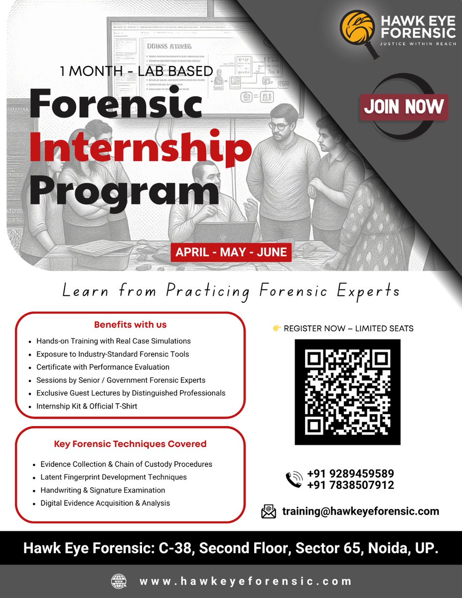 ForensicHawk's tweet image. 𝐋𝐞𝐯𝐞𝐥 𝐮𝐩 𝐲𝐨𝐮𝐫 𝐟𝐨𝐫𝐞𝐧𝐬𝐢𝐜 𝐜𝐚𝐫𝐞𝐞𝐫 𝐭𝐡𝐢𝐬 𝐬𝐮𝐦𝐦𝐞𝐫.

Batches scheduled for April, May &amp;amp; June
Limited seats available

#summerinternship #forensicscience #forensicinternship #bscforensicscience #mscforensicscience #studentsopportunity #internshipprogram