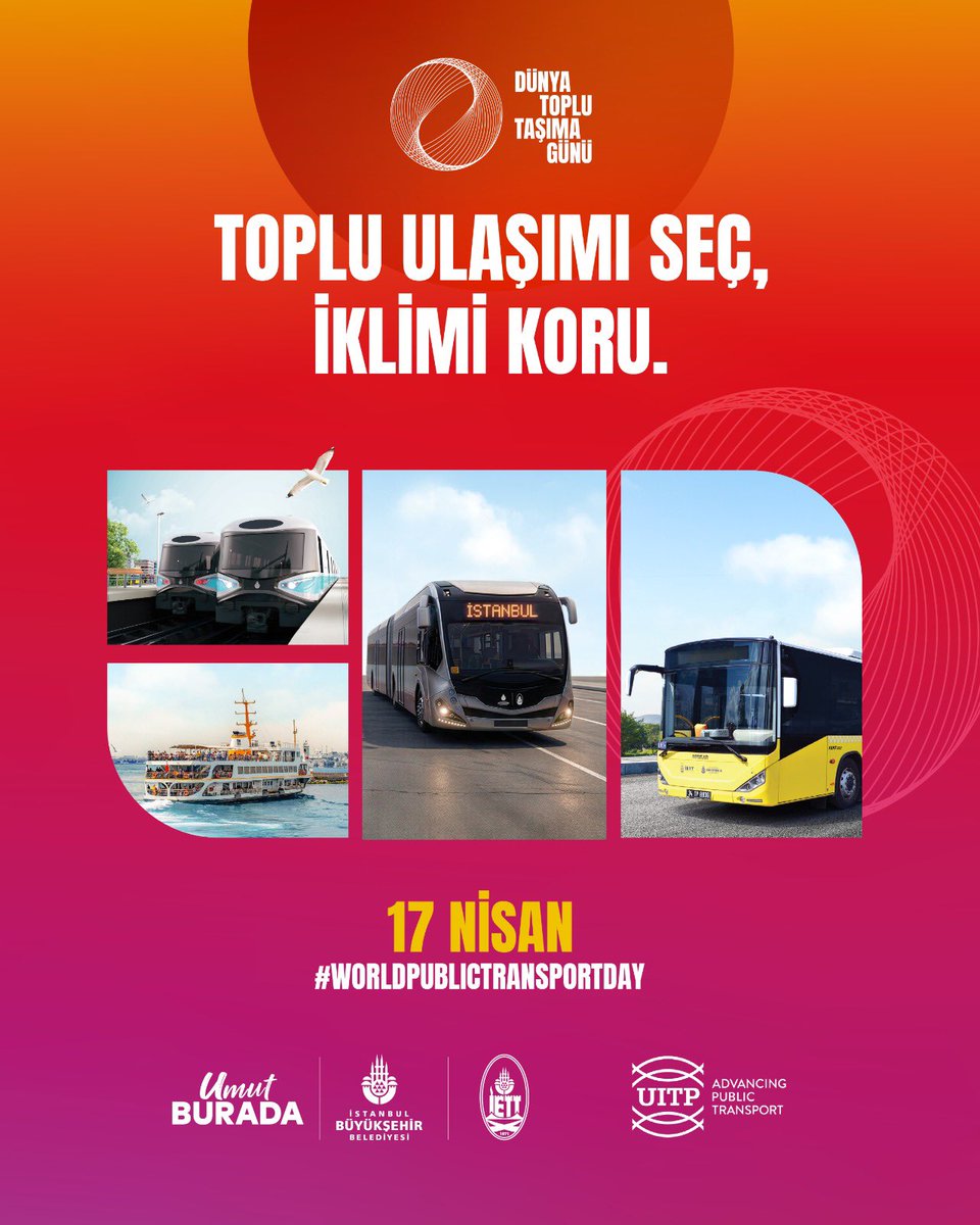 🌍 İstanbul’da metro, metrobüs, otobüs ve deniz seferleriyle her gün milyonlarca yolcuyu gururla taşıyoruz. 

Siz de toplu ulaşımı seçin, iklimi koruyun. 🚇🚌⛴️

#DünyaTopluTaşımaGünü #WorldPublicTransportDay #İBB #TopluUlaşımıSeçİklimiKoru