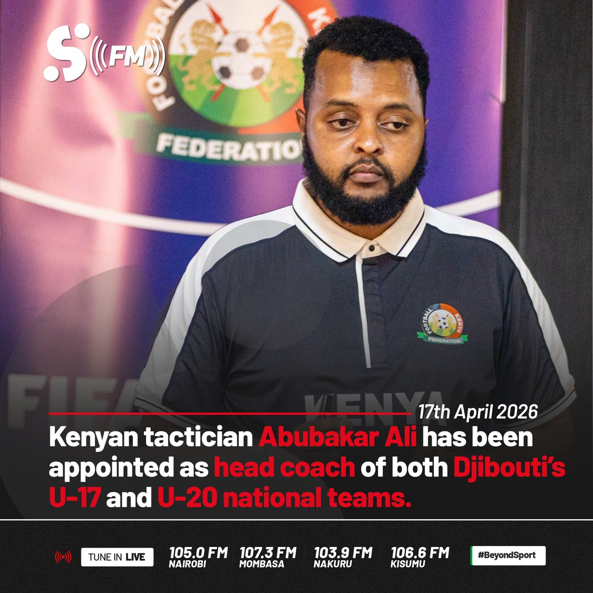 SportyFMKE's tweet photo. Kenyan tactician Abubakar Ali is taking his tactical blueprint to the international stage after being named Head Coach for Djiboutiโs U-17 & U-20 national teams. A massive statement for Kenyan coaching depth.
Go well, Coach!
#BeyondSport #SportyFMKE #TheKickOff https://t.co/Q2tgnjQIjZ