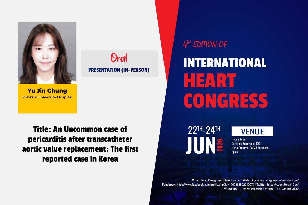 Heart_Conf's tweet photo. We are thrilled to announce #YuJinChung from KonkukUniversityHospital,Korea,DemocraticPeople'sRepublicof will be delivering a Speaker Talk at @Heart_Conf by @magnus_group! Don't miss this incredible opportunity!
Dates: June 22 -24, 2026
Venue: Barcelona, Spain
#HeartCongress2026 https://t.co/d2Nz3POWBV