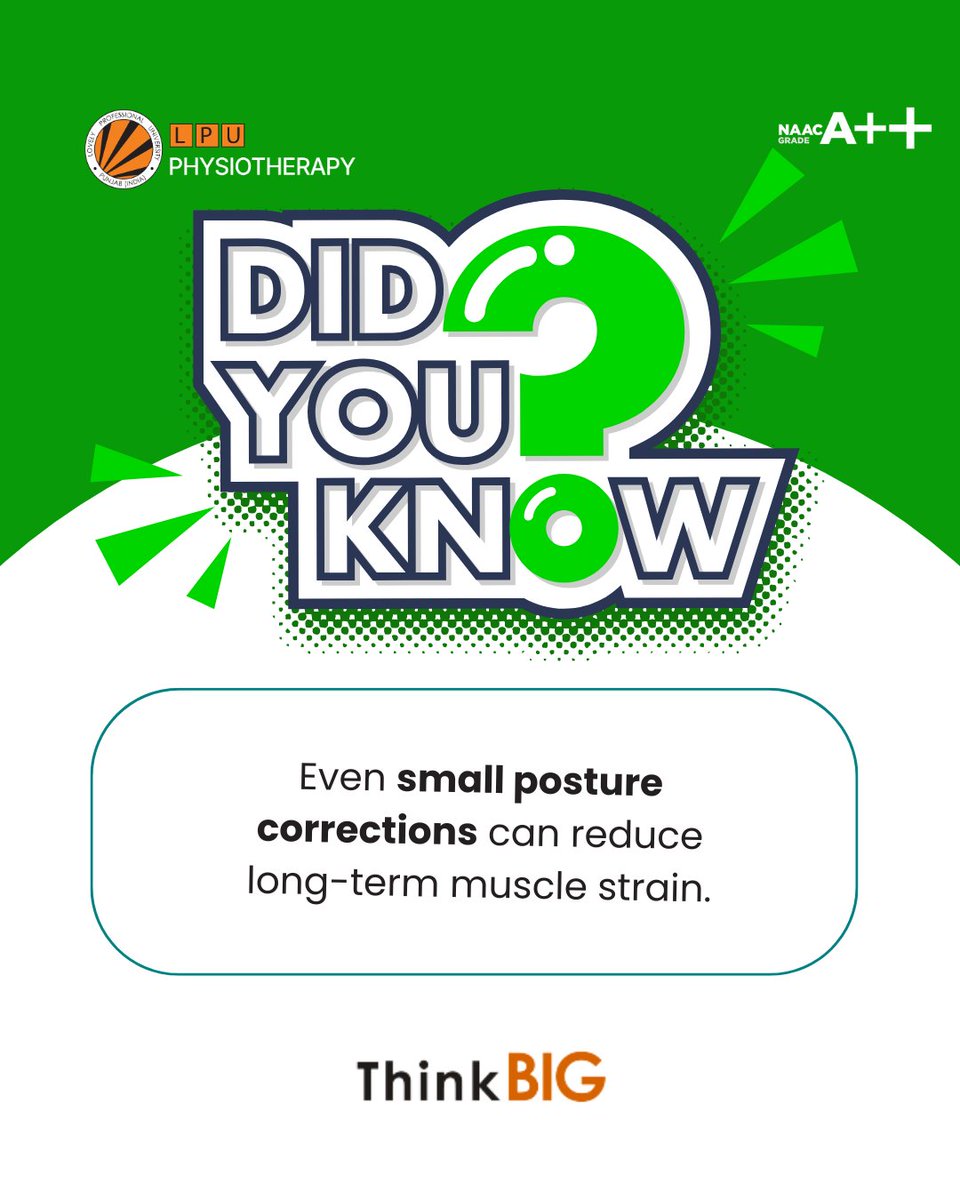 LPUPhysio's tweet image. Good posture is the foundation of a healthy body.
Physiotherapy helps you move better, feel stronger, and live pain-free. 
Small corrections today can prevent long-term muscle strain tomorrow.

#LPU #LPUPhysiotherapy #LPUPhysio #PhysioForLife #MovementIsMedicine #PostureAwareness