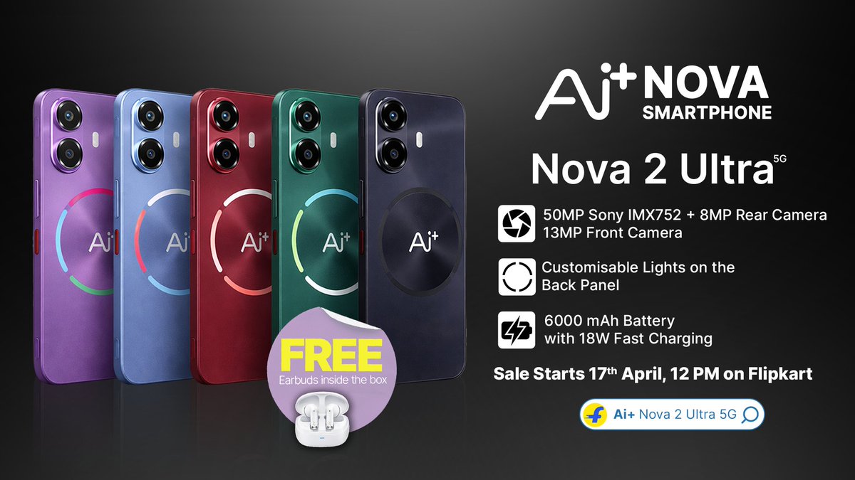 FoneArena's tweet image. Ai+ Nova 2 Ultra 5G with 6.78" 1.5K 144Hz AMOLED display, Dimensity 7400, IP68 ratings, 6000mAh battery goes on sale with launch offers fa2.in/qetny #AiPlusSmartphone #AddaPlus #NovaSeries