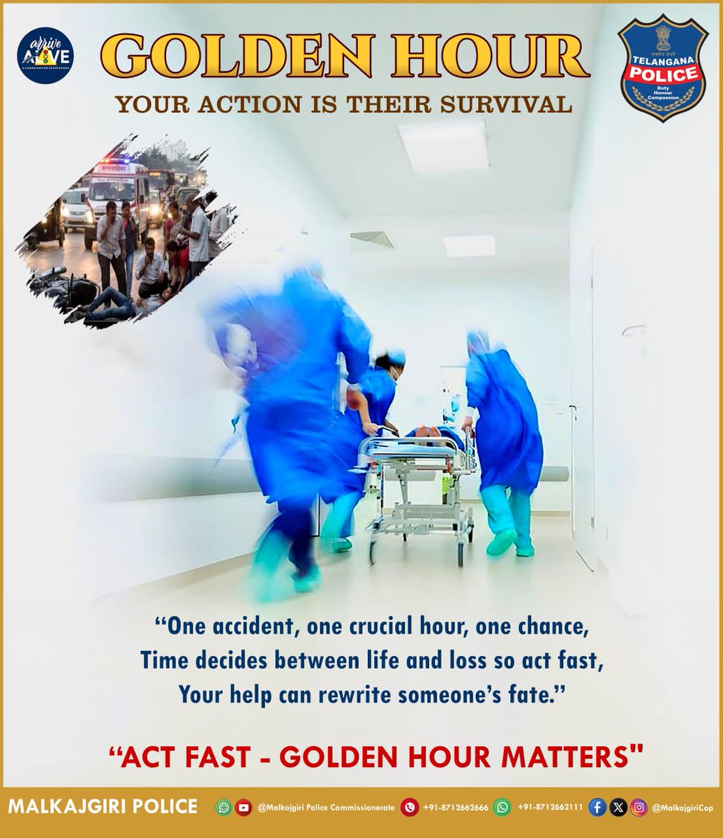 shotrimulgherry's tweet image. GOLDEN HOUR
YOUR ACTION IS THEIR SURVIVAL
“One accident, one crucial hour, one chance,
Time decides between life and loss so act fast,
#goldenhour #ActFast #savelives #EmergencyResponse #MalkajgiriPolice #PublicSafety #HelpInTime