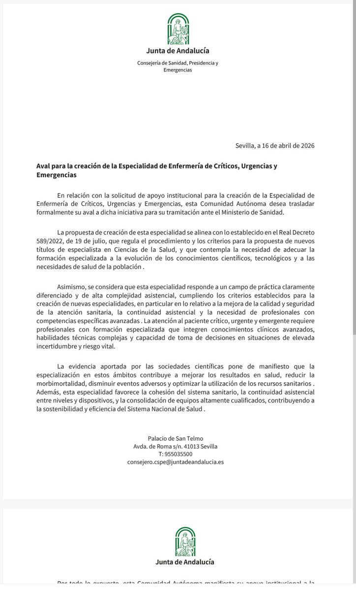 duelajara's tweet photo. 📣 LA JUNTA ANDALUCÍA, su Consejería de Sanidad, Presidencia y 
Emergencias 🟢 Avala la creación de la Especialidad de Enfermería de Críticos, Urgencias y 
Emergencias presentada por Seeue y Seeiuc. 🎉 https://t.co/mLIXHL7ta3