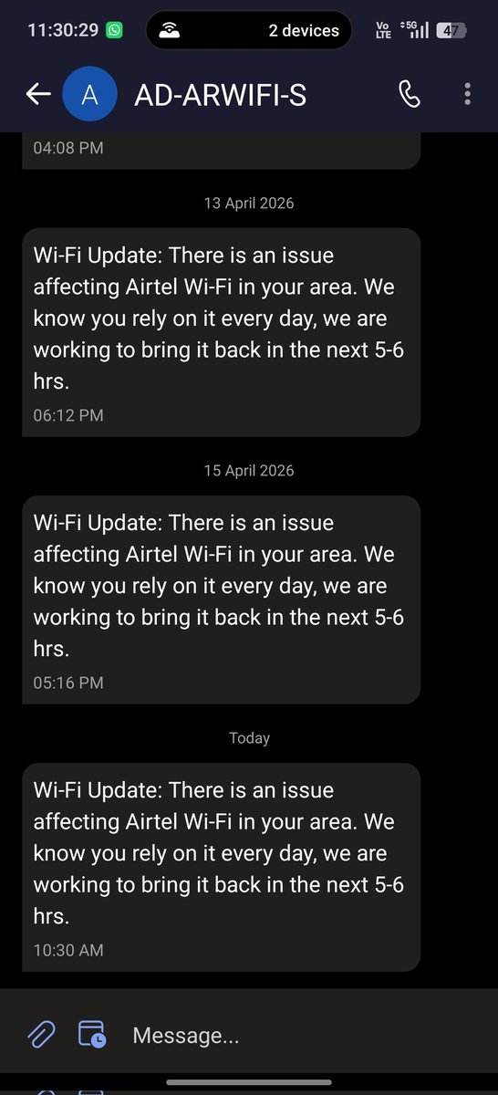palashguptaa's tweet photo. @airtelindia What is the use of getting a WiFi connection if we are forced to use Mobile Hotspot? Why the issue comes up every other day. https://t.co/XmkrPULekX