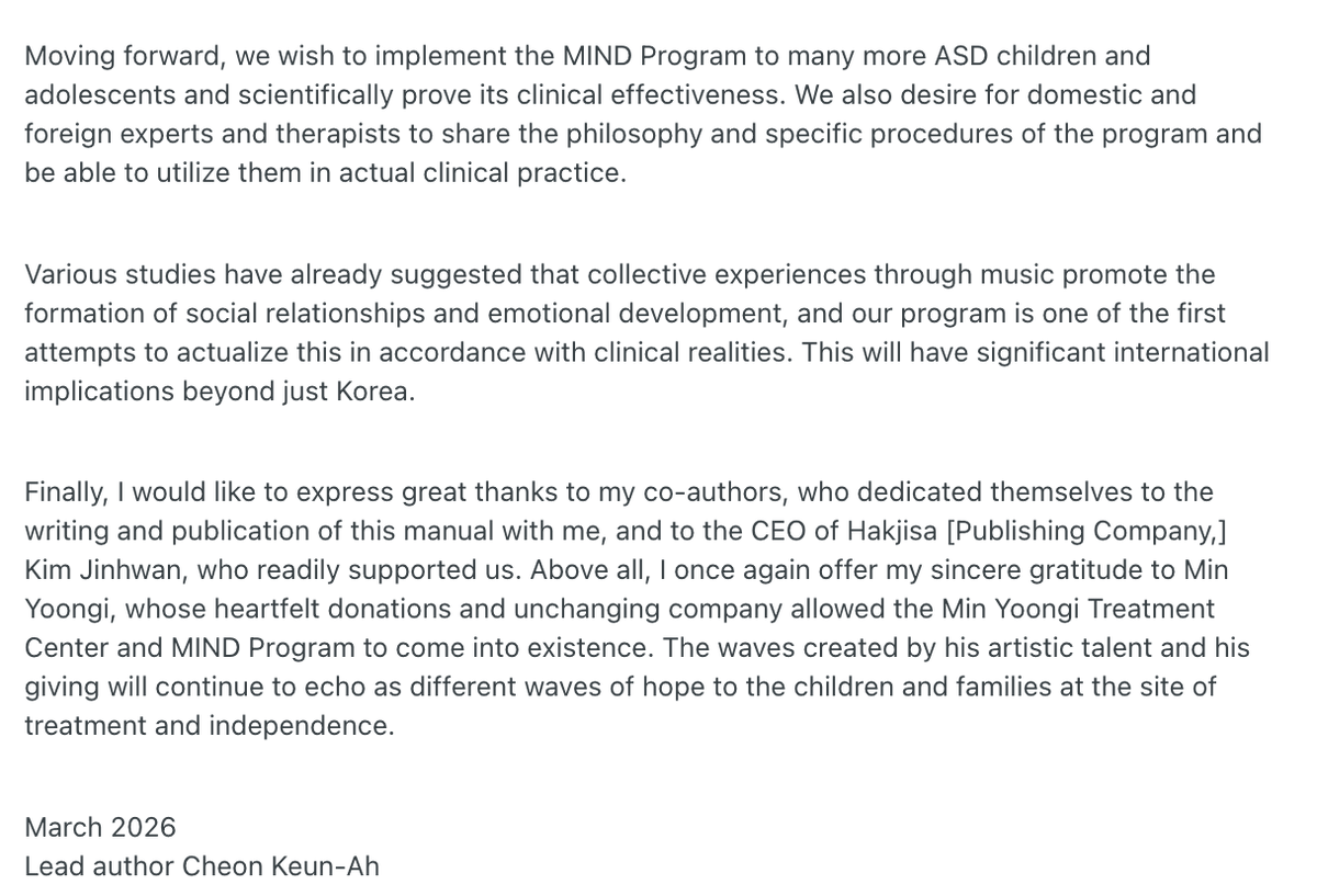 Professor Cheon shared the preface of the "MIND program" book on her instagram, in which she mentions Yoongi. A kind ARMY on another site translated it.
(Original text and link in reply)