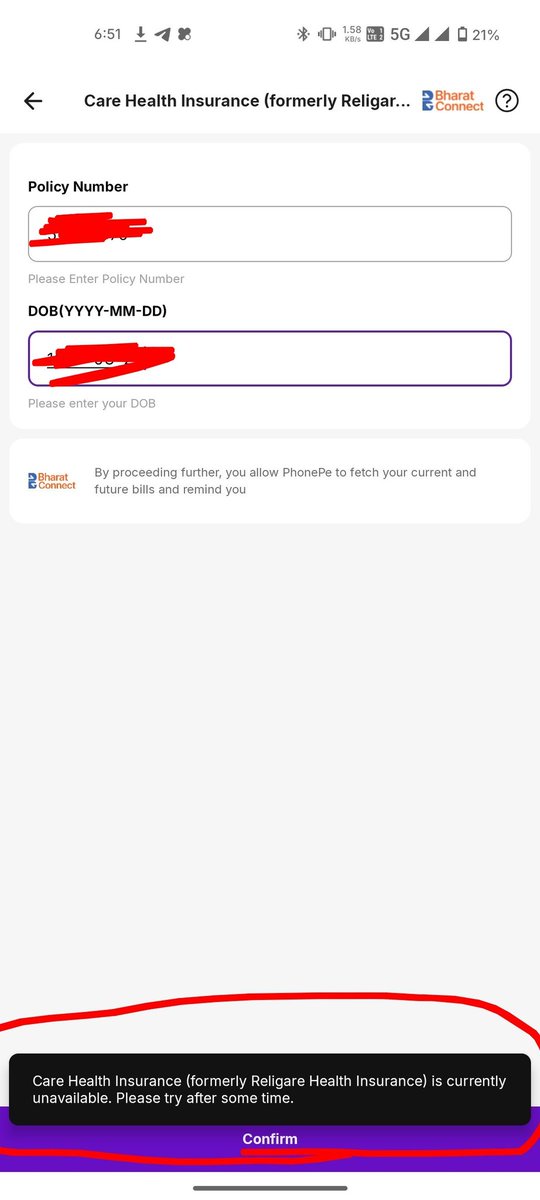 ____shirish____'s tweet photo. Recently got the SBI PhonePe Credit Card after reviewing its benefits. One key feature is earning 10% reward points on payments made via PhonePe.
I’m trying to renew my policy with Care Insurance through PhonePe, but I keep getting an error (see attached screenshot). (1/2) https://t.co/u1rNVA5Ibc