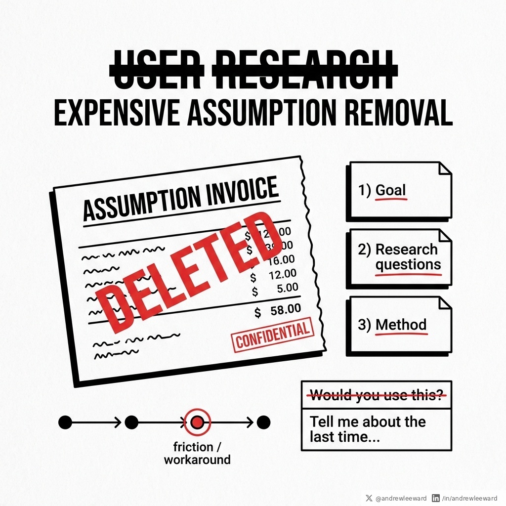 Stop calling it "user research" and start calling it "expensive assumption removal".

Because that is what you are really doing.

Most teams do interviews like this:
- "Would you use an app that did X?"
- "Which features would you want?"
- "How much would you pay?"

And then they