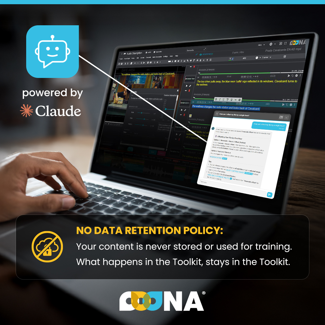 Ooona13's tweet photo. 🤖 We've integrated a Claude-powered #AI assistant into the #OOONAToolkit — for technical support, file recovery, hotkeys, unit conversions, translation and more. Try it today!

🔒 No data retention. What happens in the Toolkit, stays in the Toolkit.

#HelpBot #medialocalization https://t.co/2xf9irHwNh