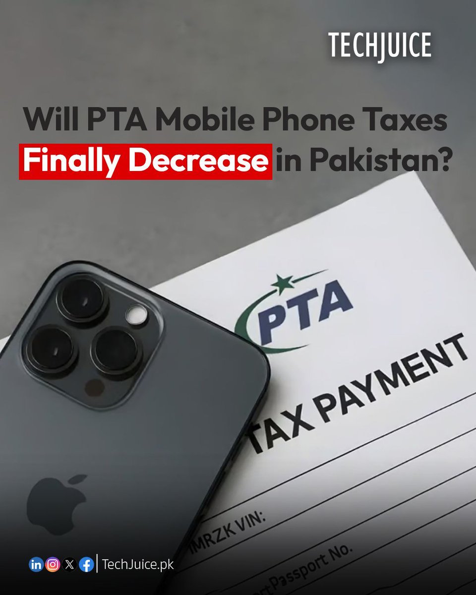 TechJuicePk's tweet image. PTA mobile taxes may finally decrease.
Mobile phone taxes in Pakistan are under review, with authorities considering possible reductions after mounting pressure from consumers and industry stakeholders. 

#techjuice #pta #smartphones #pakistan #taxes