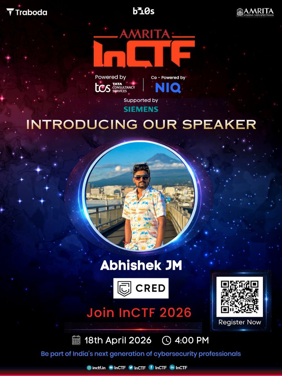 InCTF's tweet photo. 🚀Announcing Abhishek JM at InCTF 2026!

👻SESSION TOPIC: Ghost In the Tray: Reading Your WhatsApp, Gmail, and More in Stealth

📅Date : Saturday, 18th April | 4:00PM

Abhishek is the Head of Mobile Security Engineering at CRED with over 8 years of experience in product security. https://t.co/UWjFqEQmcx
