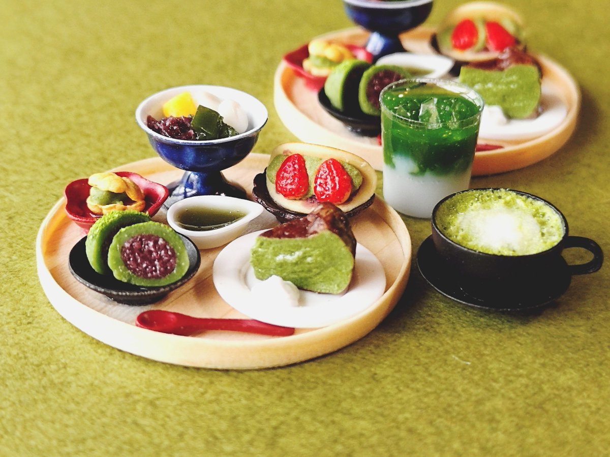 LittleWestWorks's tweet photo. ��茶スイーツセット🍵
抹茶まみれになりました。
5月は大阪で開催のイベントに出店します。
こちらの作品をこのイベント限定で販売予定です。 https://t.co/O4zdf7nahl