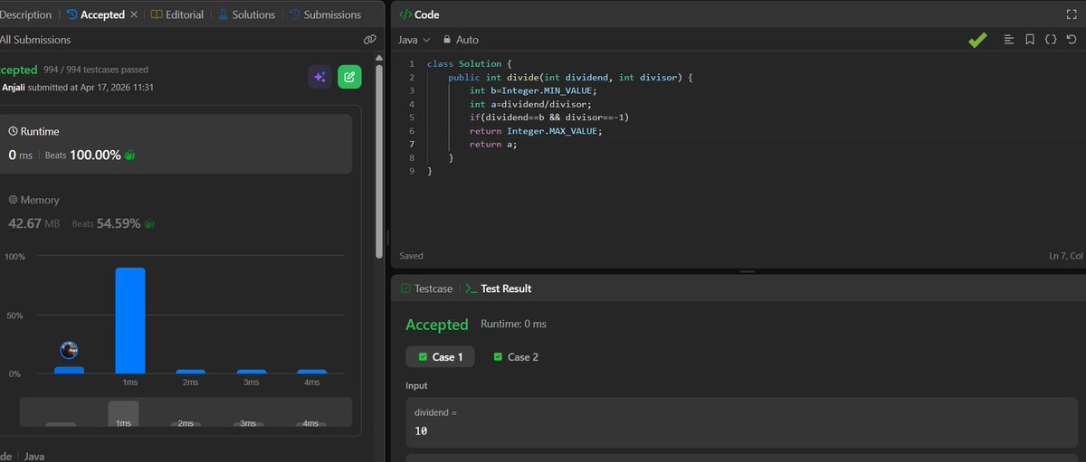 achieve71246717's tweet image. Solved leetcode question number 29. Divide Two Integers.#DSA #LeetCode #CodingJourney