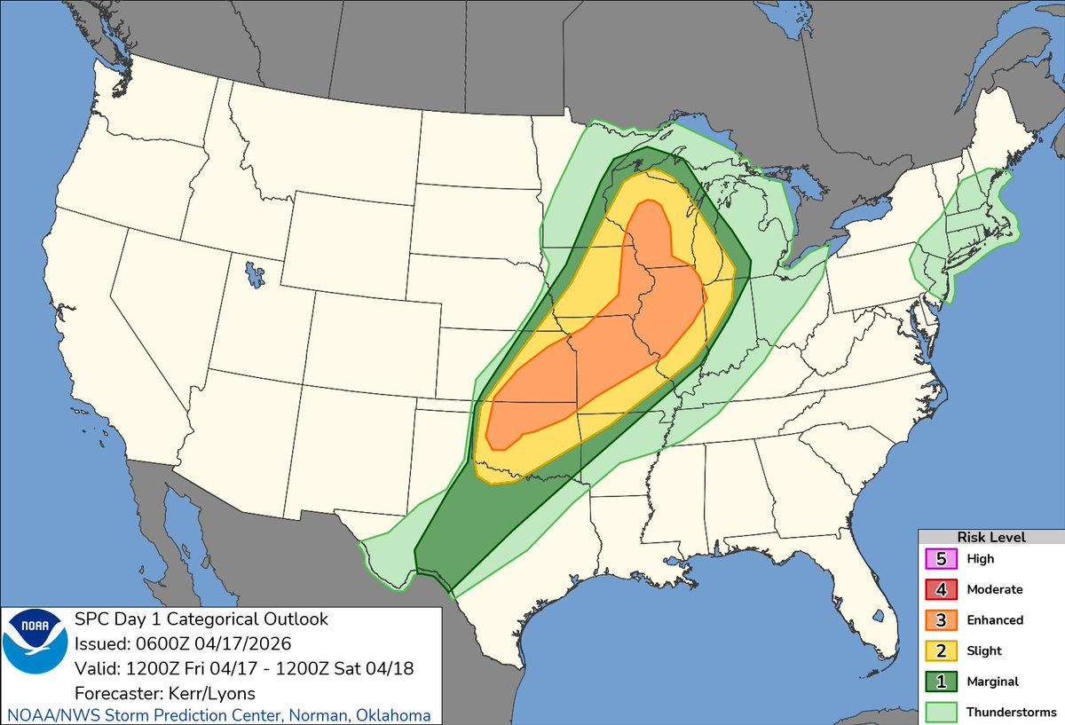 1:02am CDT #SPC Day1 Outlook Enhanced Risk: this afternoon into tonight across parts central and southwestern Wisconsin far southeastern Minnesota eastern Iowa much of northern and central  Illinois northern and central Missouri ... spc.noaa.gov/products/outlo…