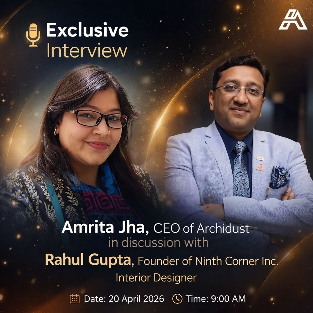 Archidust_'s tweet image. Design. Vision. Leadership.

Get ready for an exclusive interview where Amrita Jha (CEO, Archidust) connects with Rahul Gupta, Interior Designer &amp;amp; Founder of Ninth Corner Inc.

📅 20 April 2026
⏰ 9:00 AM

Follow us and be part of the conversation.

#Innovation #DesignThinking