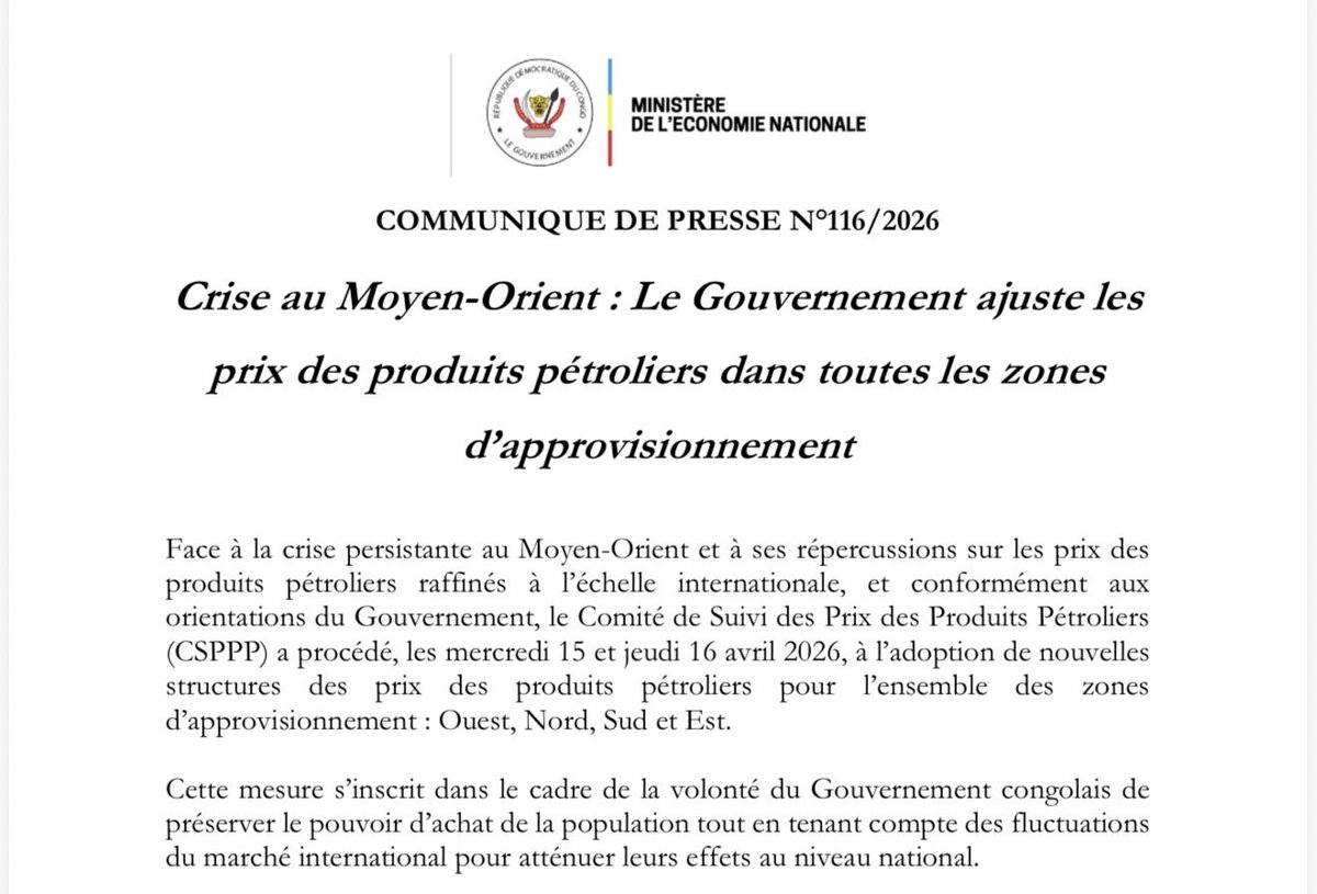 EconatRDC's tweet photo. Dans un contexte marqué par la hausse des prix des produits pétroliers sur le marché international, le Gouvernement a procédé à un ajustement des prix à la pompe sur l’ensemble du territoire.

Cette décision vise à prendre en compte les évolutions du marché tout en préservant la stabilité de l’approvisionnement et la disponibilité des produits.

Des mécanismes complémentaires sont également mis en place pour renforcer les stocks et assurer la continuité des livraisons.

👉🏾 L’objectif demeure inchangé : garantir l’accès aux produits pétroliers et protéger l’économie nationale.

🔗 Lire le communiqué pour plus de détails : https://t.co/uGxUeqBnIJ 

#RDC #Economie #Energie