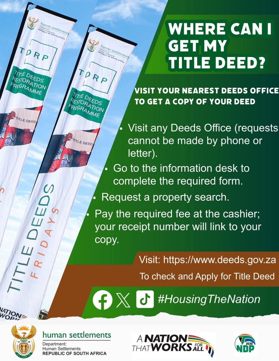 GP_DHS's tweet photo. HOW TO GET A COPY OF YOUR TITLE DEED?

You can request a copy directly from the Deeds Office.

👉 Visit: https://t.co/sZd29bbn6U

#MyTitleDeedMyHome
#GrowingGautengTogether https://t.co/fNtY8TW608