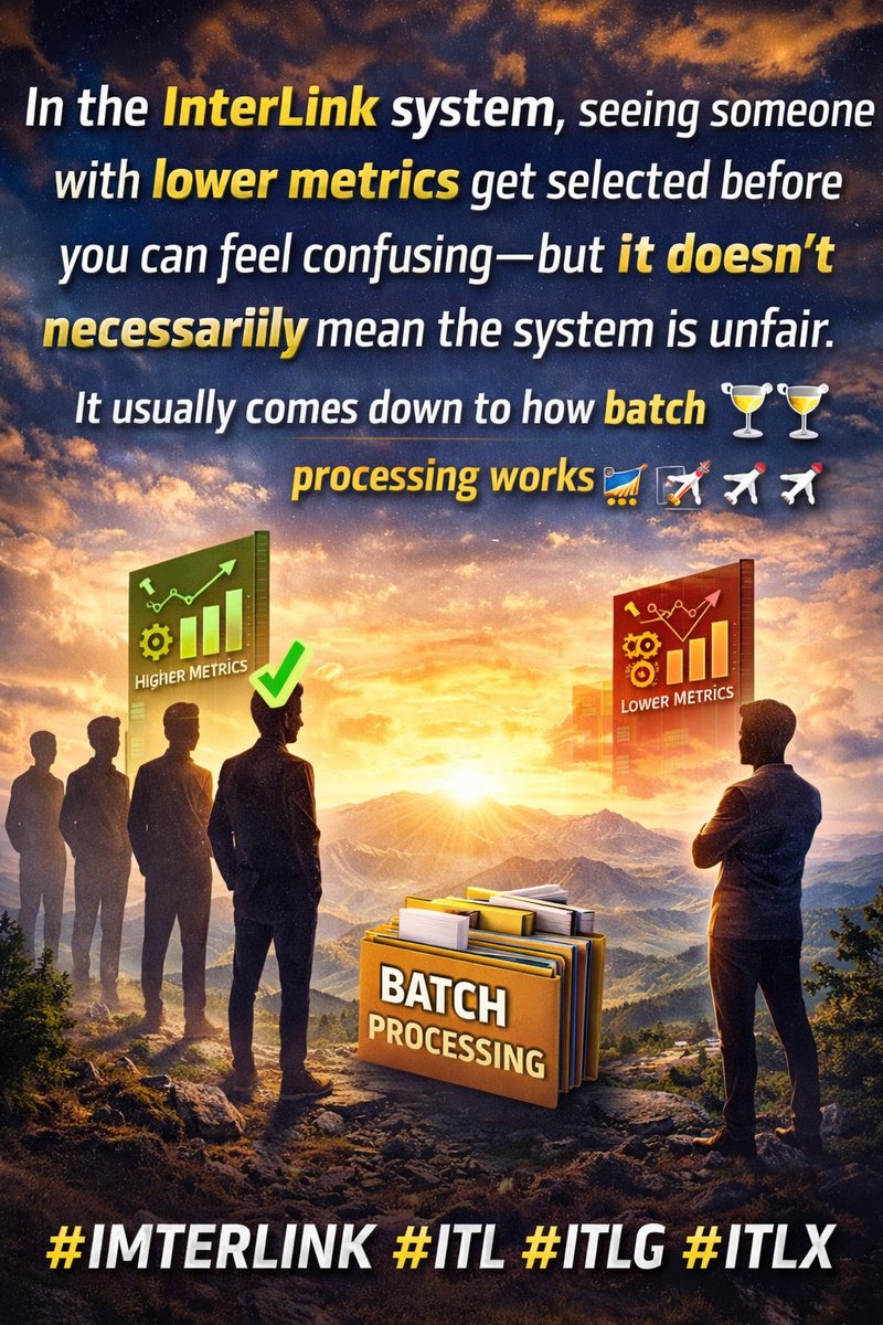 Ann147112Ann's tweet photo. In the InterLink system, seeing someone with lower metrics get selected before you can feel confusing—but it doesn’t necessarily mean the system is unfair. It usually comes down to how batch processing works🍸🍸🛩🛩🛩🛩🌄🌄
#IMTERLINK #ITL #ITLG #ITLX https://t.co/gxZomw5Bvp