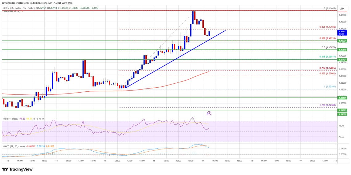 ms121188's tweet photo. $XRP 站上1.42并稳住100小时均线，趋势线支撑约1.4220。短线冲高1.466后回踩整理，整体仍偏多震荡。若突破1.465将看1.48-1.50；失守1.408则回看1.388/1.35。RSI>50，MACD偏强📊

短线关注1.45-1.465突破节奏，波动放大📊市场仍在盘整上行区间，多头情绪略占优，但需防假突破。 https://t.co/iEaejQXiUj